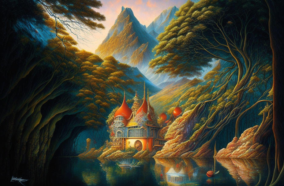 Majestic castle in fantasy landscape with lake, golden trees, and misty mountains