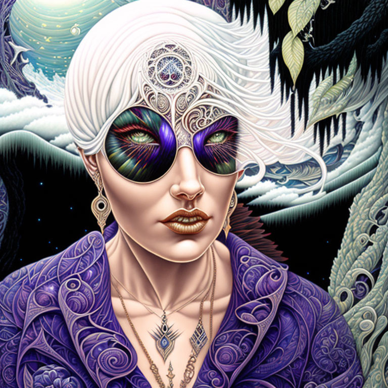Detailed illustration of woman in ornate sunglasses and blue outfit against abstract backdrop
