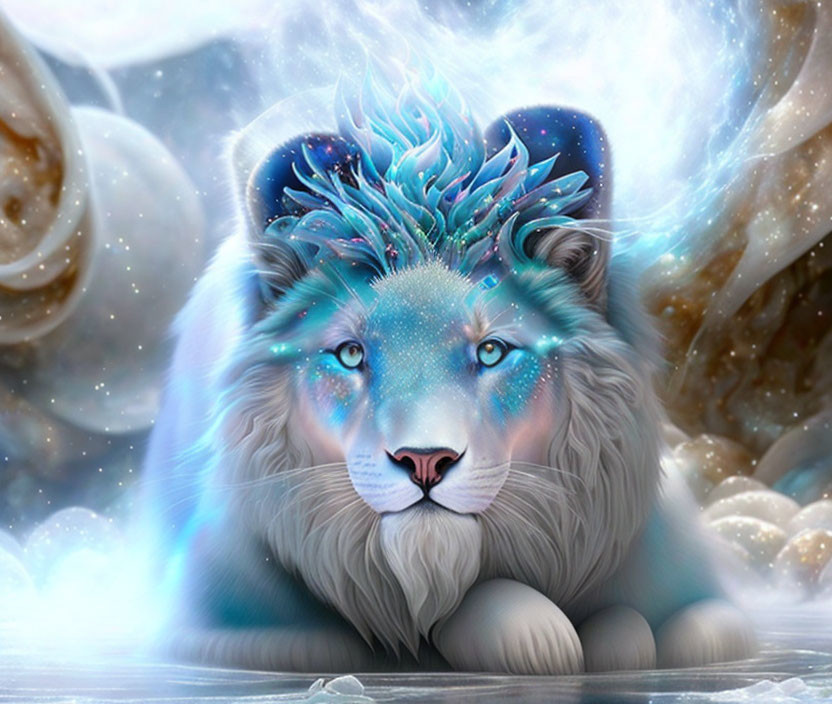 Digitally created cosmic lion with starry mane on galactic backdrop