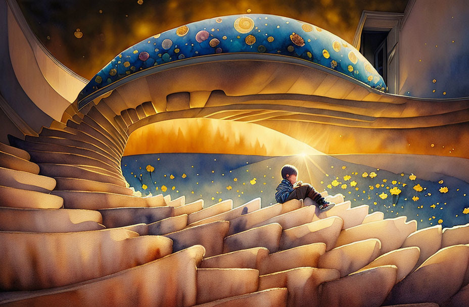 Child on grand stairs under cosmic whale with stars, captivated by glowing light