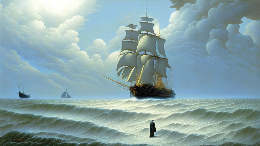 Person gazes at three ships on wavy seas under a cloudy sky with sunbeams.