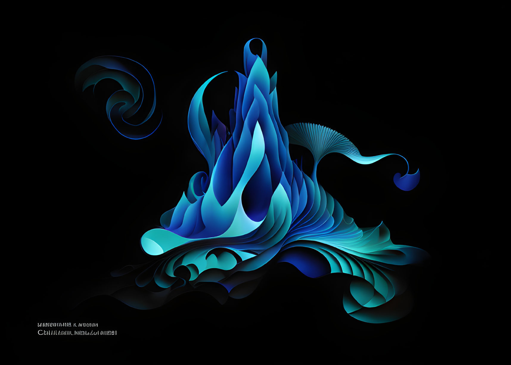 Abstract blue swirls and waves on black background art.