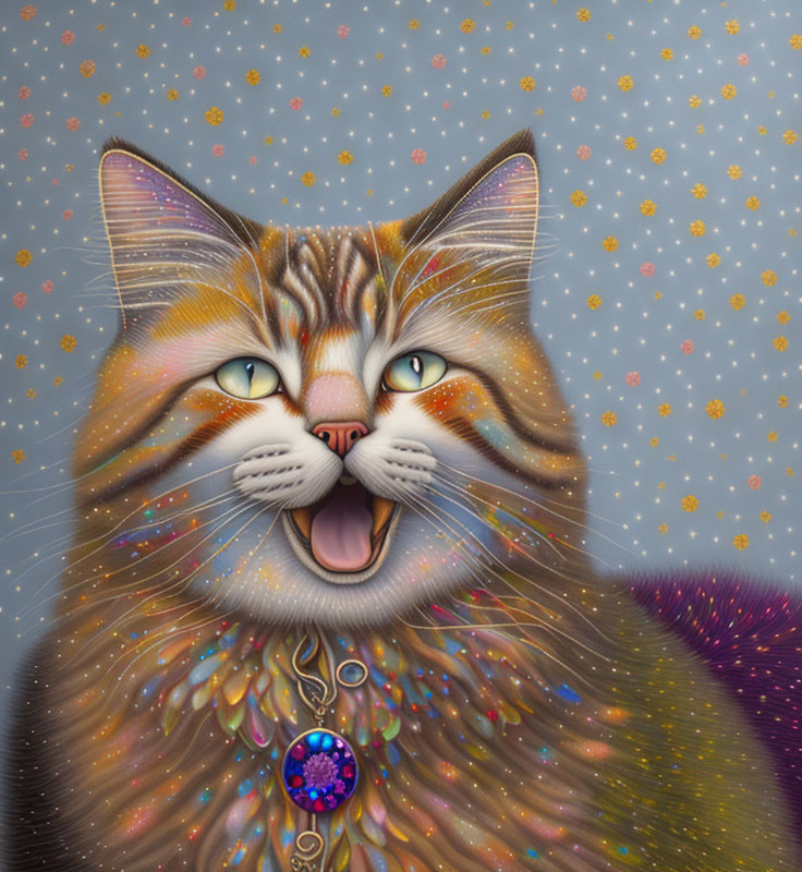 Colorful whimsical cat illustration with vibrant fur patterns and sparkling eyes