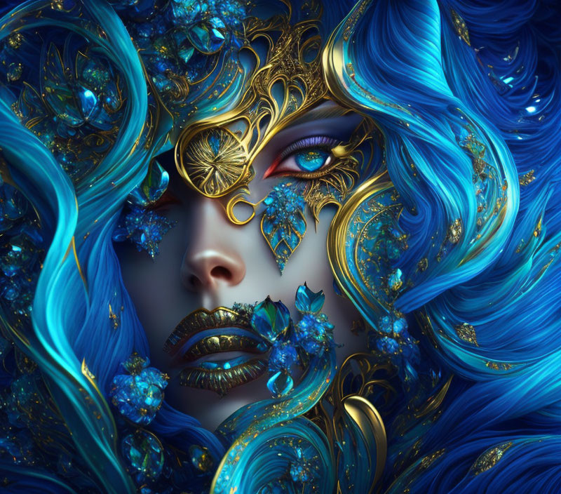 Ornate blue and gold figure with vibrant blue hair