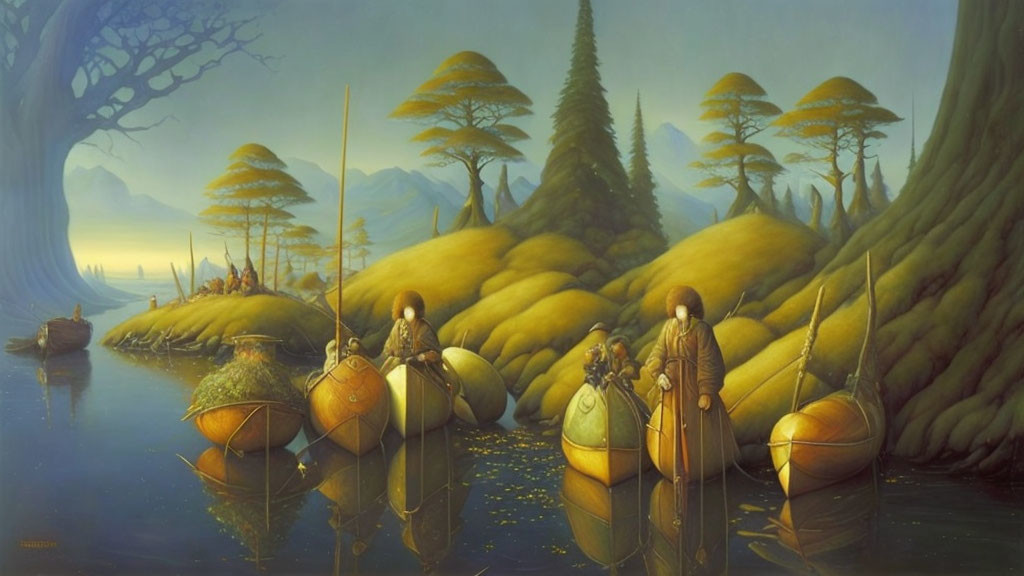 Fantastical landscape with robed figures on spherical boats in golden hills