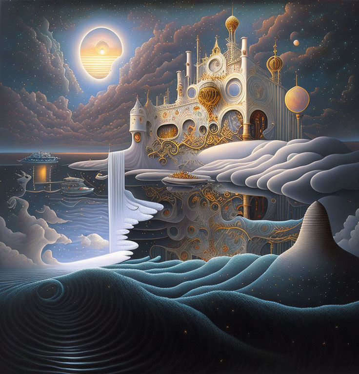 Surreal landscape with floating castle, celestial sky & eclipse