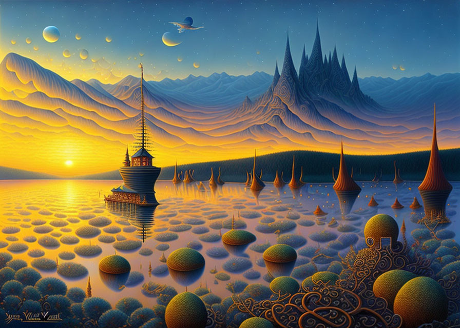 Surreal sunset landscape with ship, mountains, spheres, moons, and flying whale