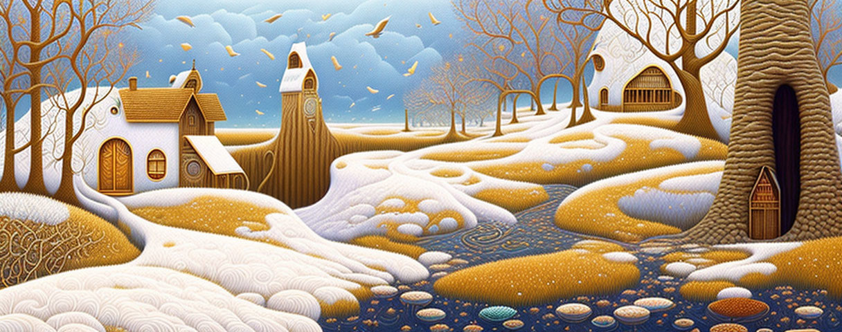 Whimsical winter landscape with cozy cottages and snow-covered trees