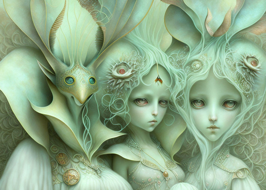 Surreal painting with pale ethereal figures, dragon-like creature, and otherworldly flora