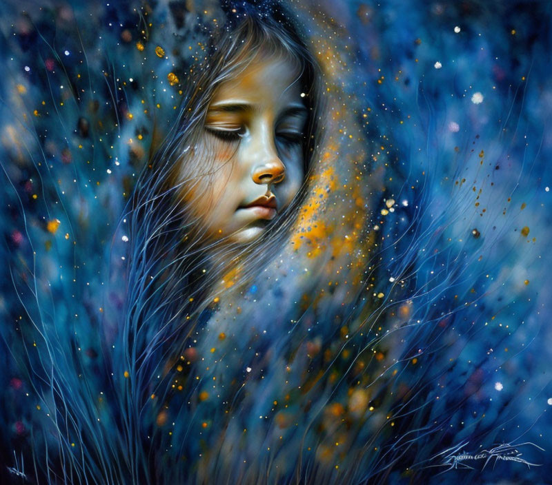 Young girl in dreamy digital painting emerges from mystical blue field with glowing speckles.