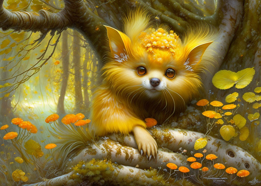 Orange creature with large eyes in golden forest with mushrooms and butterflies