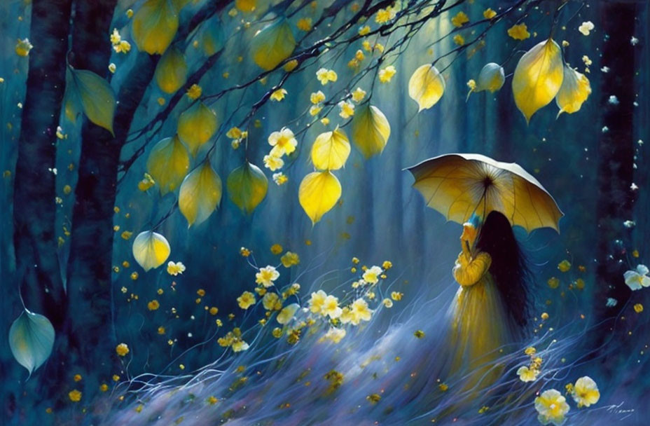 Person with umbrella in fantastical blue forest with falling leaves & luminescent flowers