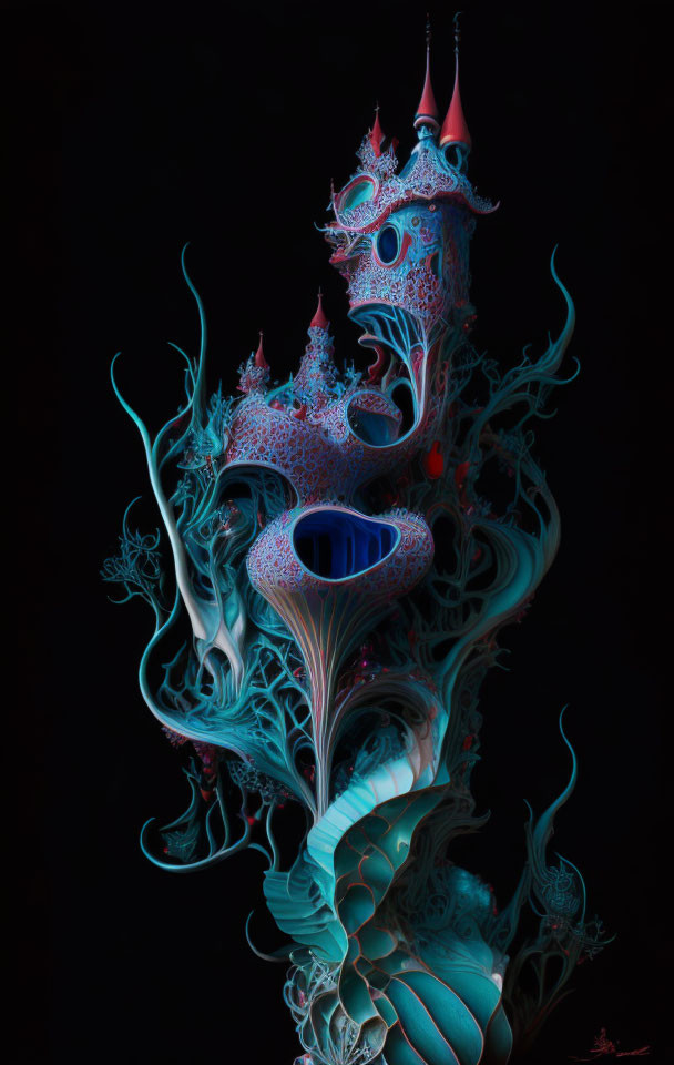 Fantastical organic tower in vivid blue and pink hues