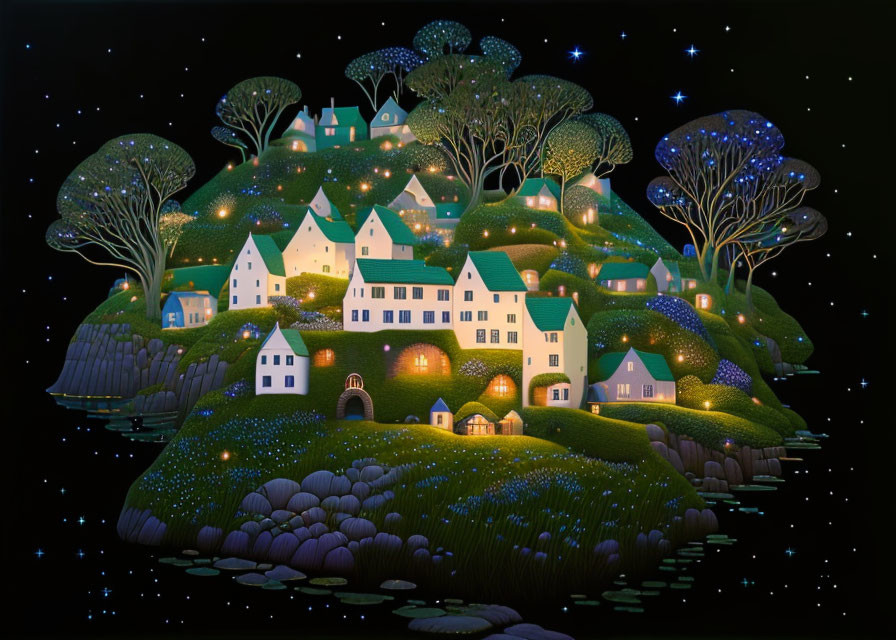 Whimsical village night scene with illuminated houses and oversized trees