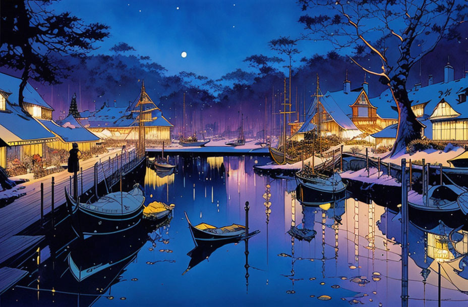 Snow-covered marina with boats under starry sky