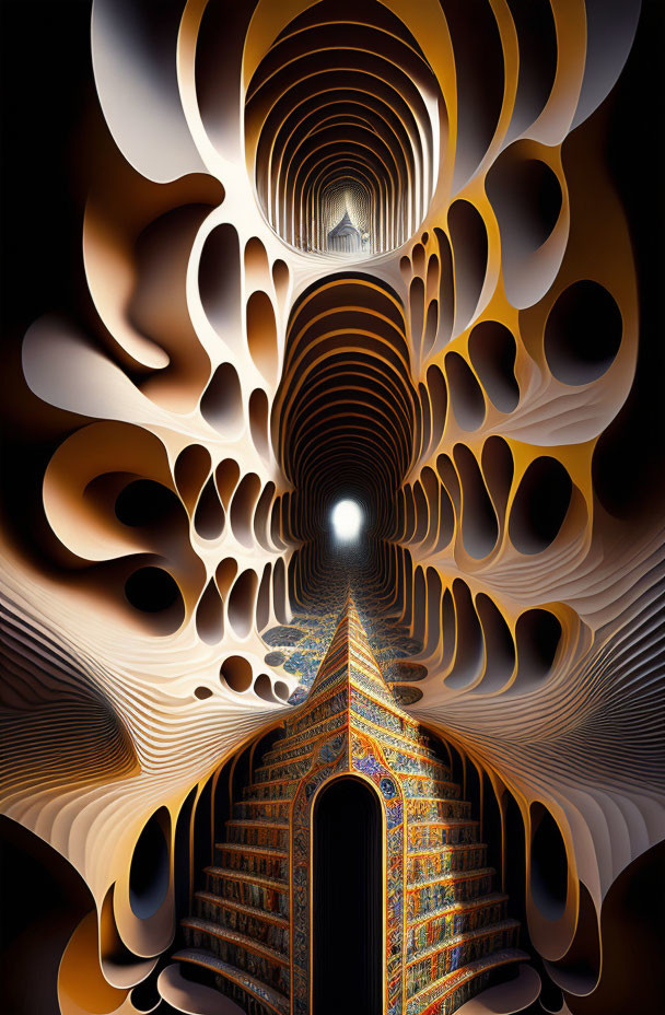 Digital artwork: Abstract tunnel with illuminated path and layered brown structures