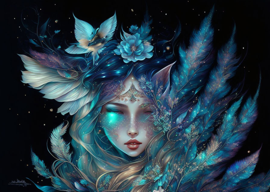 Mystical female figure with closed eyes surrounded by feathers and flowers