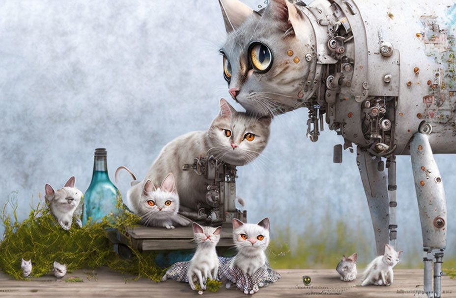 Whimsical artwork: Large mechanical cat with playful smaller cats in foggy setting