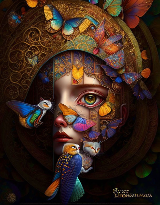 Vibrant digital artwork of woman's face with butterflies, birds, and ornate patterns