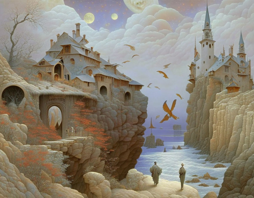 Fantasy landscape featuring cliffside castle, moonlit sky, flying birds, figures walking, and ocean