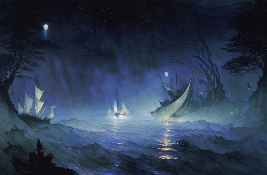 Moonlit sailing ships on starry night sea with tree silhouettes