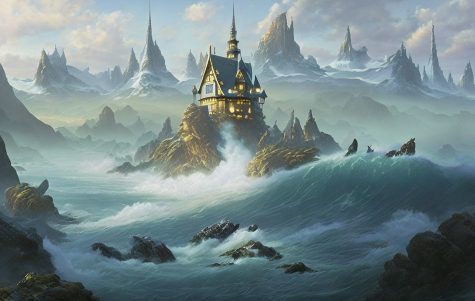 Fantasy landscape with house on cliff, turbulent seas, mountains