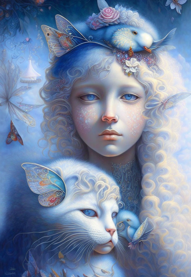 Fantastical portrait of woman with blonde hair, white cat, birds, butterflies