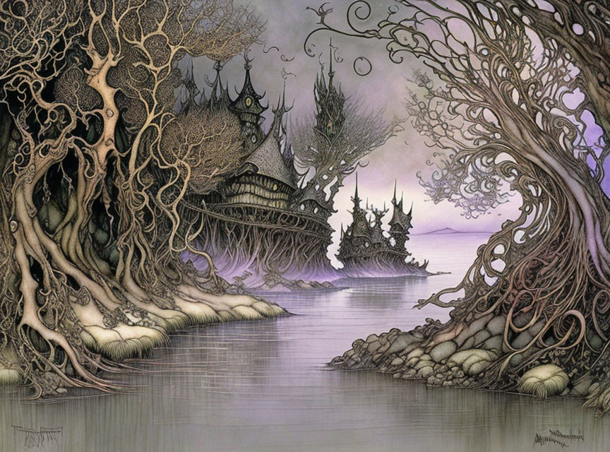 Fantastical illustration of serene lake with twisted trees and castle under twilight sky