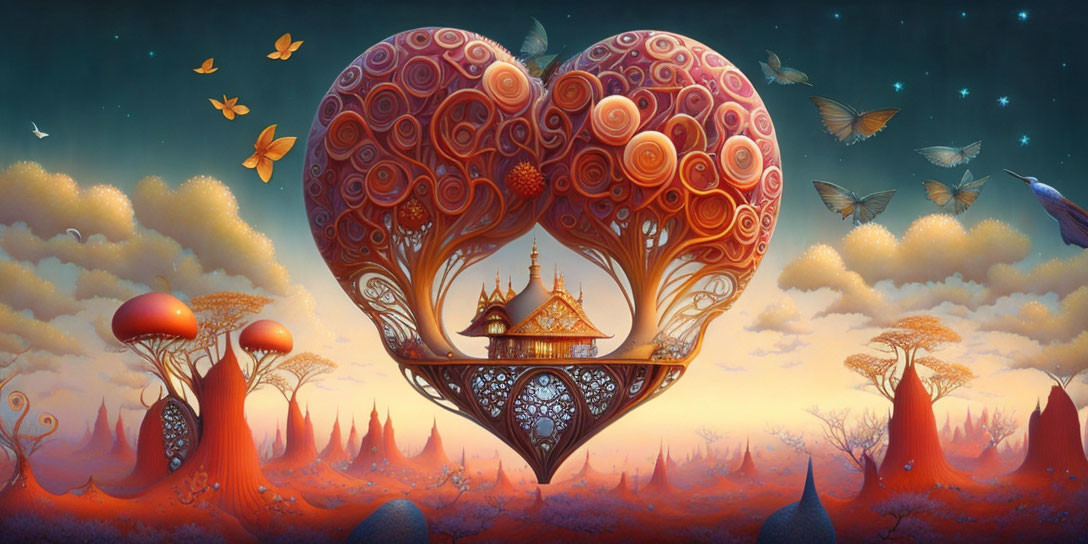 Surreal heart-shaped tree above fantasy landscape with colorful mushrooms