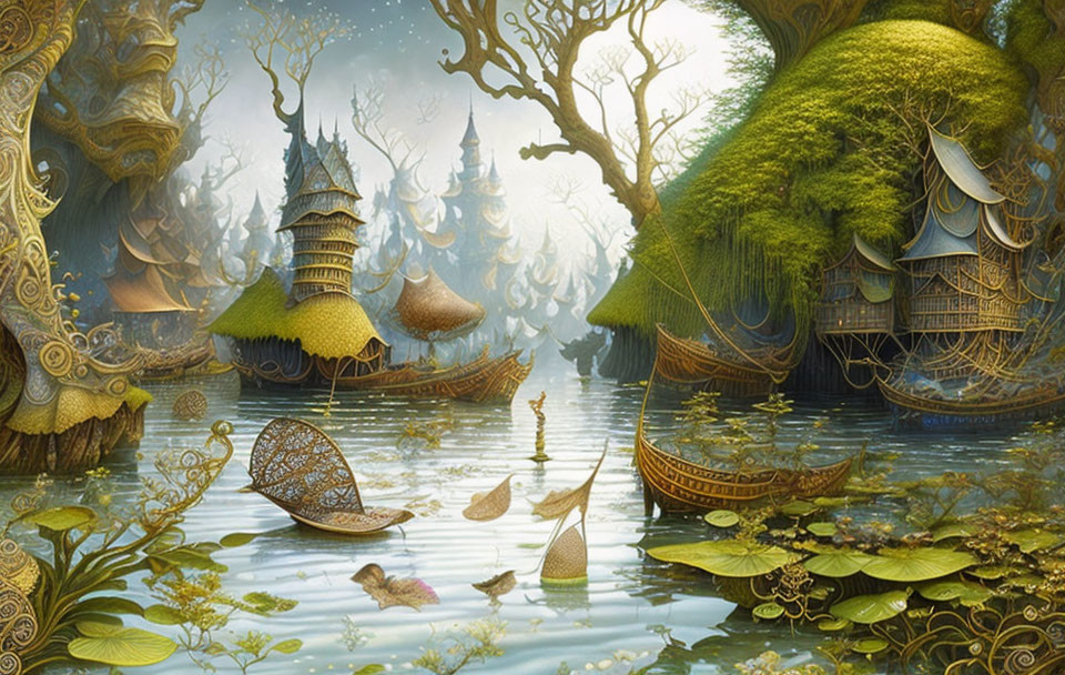 Whimsical fantasy landscape with treehouses, boats, flora, and fauna