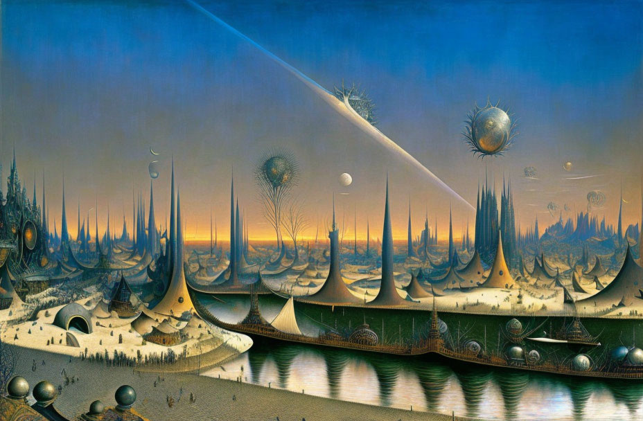 Surrealist landscape with spire-like structures and setting sun