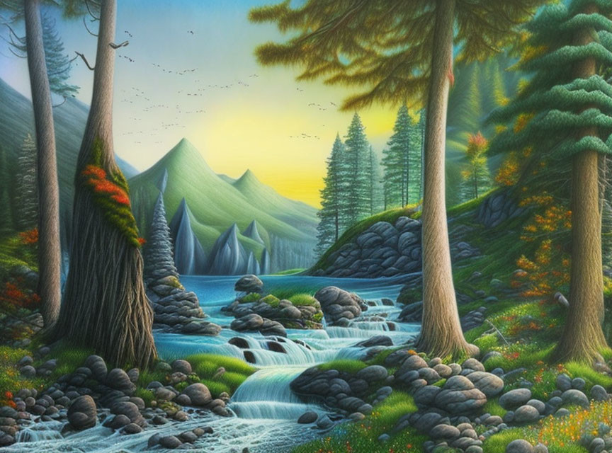 Tranquil landscape with cascading stream, lush trees, mountains, sunset sky