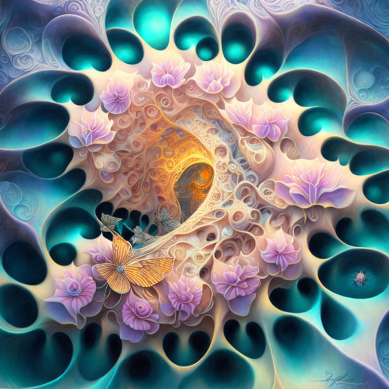 Fractal digital artwork with spiral, lotus flowers, and luminous atmosphere