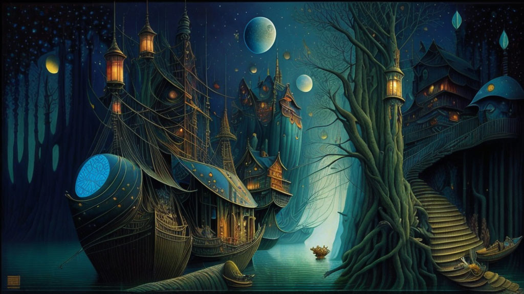 Fantasy night-time scene with ship, treehouse village, multiple moons, and lanterns