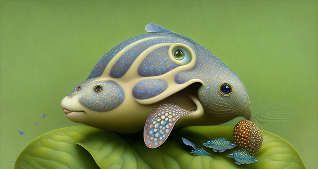 Surreal fish with multiple eyes on leaf, surrounded by butterflies