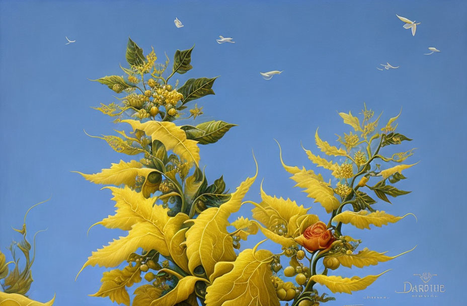 Vibrant yellow plants, green berries, orange rose, white birds on blue sky