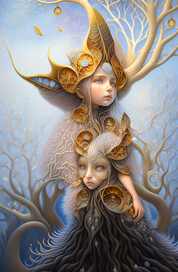 Fantastical illustration of person with tree and moon head adornments in magical forest