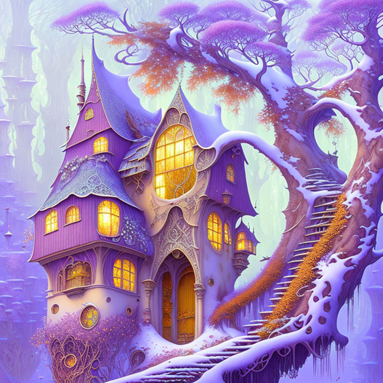 Purple Fairytale House Among Snow-Covered Trees