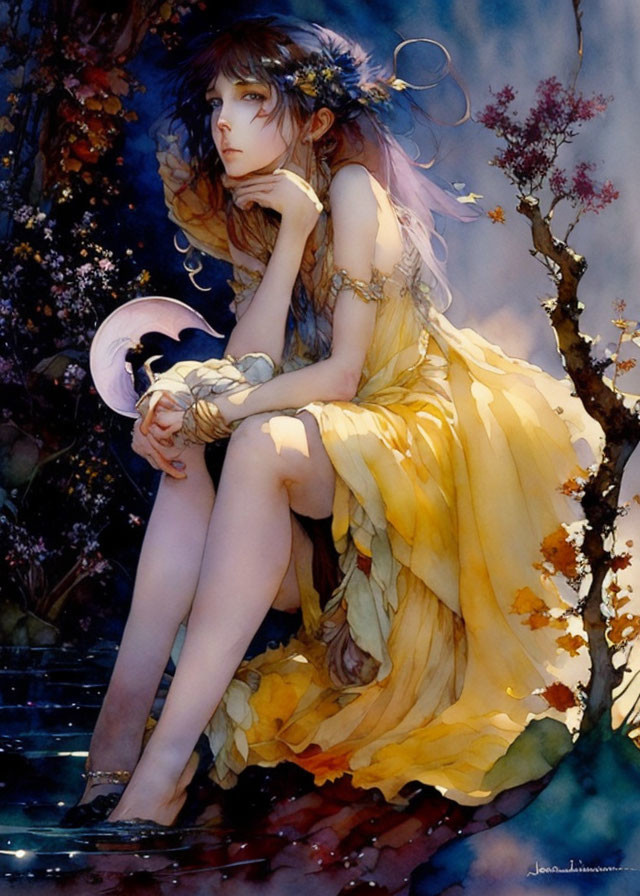 Illustrated girl with long hair in yellow dress under crescent moon in mystical floral night.