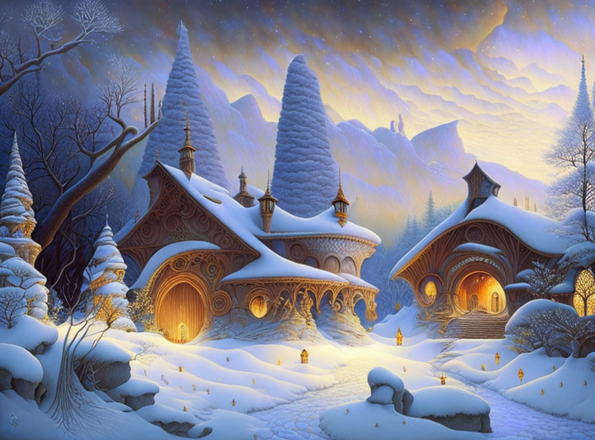 Snowy Winter Landscape: Fantasy Cottages, Snowy Trees, Starry Sky