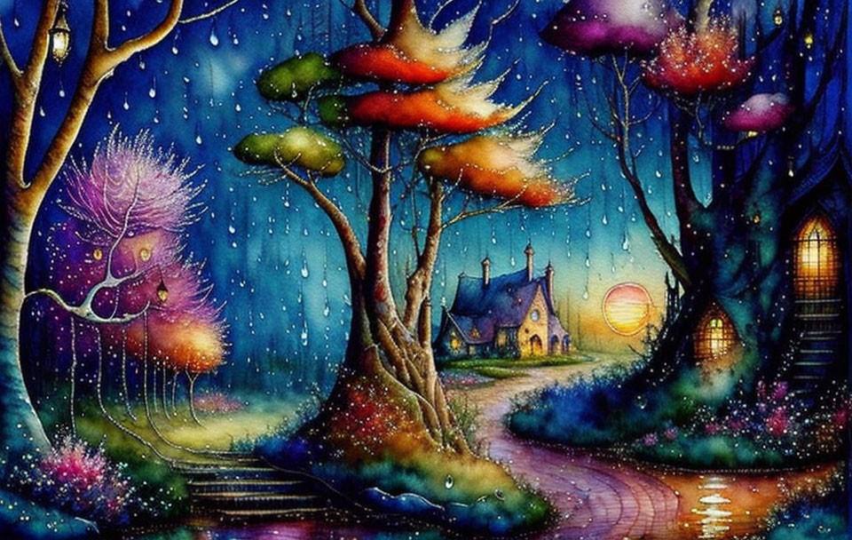 Colorful twilight cottage painting with glowing trees under starry sky.