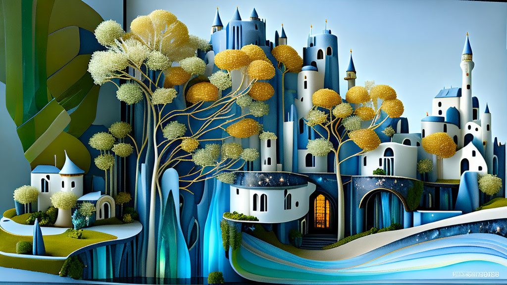 Whimsical paper art landscape with blue and white castle and stylized trees on blue background