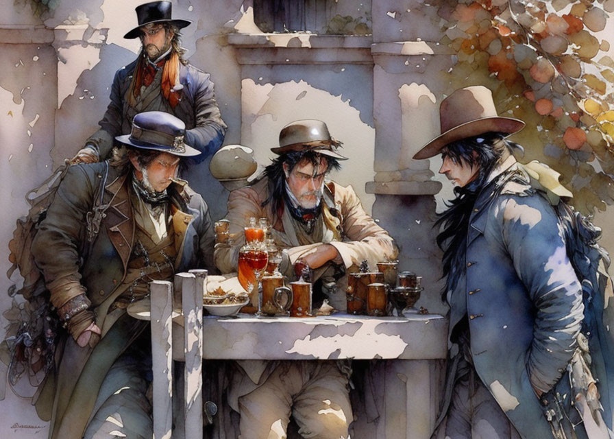 Four Individuals in Period Western Clothing Having a Meal in Artistic Watercolor Tones