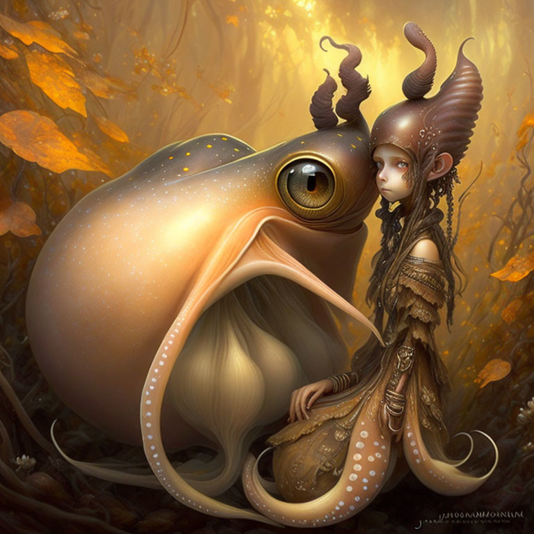 Fantasy illustration of horned girl with one-eyed creature in autumn forest