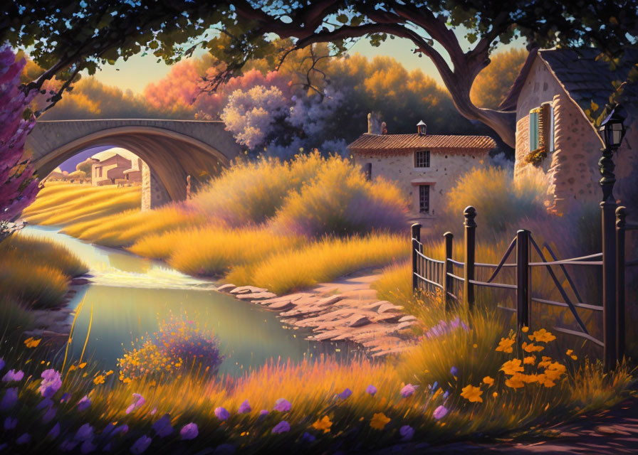 Tranquil Stone Bridge Over Stream with Cottage and Flowering Shrubs