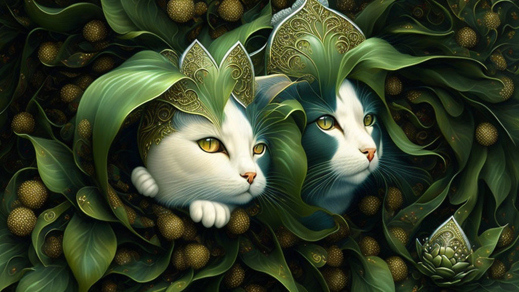 Elaborate Fantasy Cats with Crowns in Lush Greenery