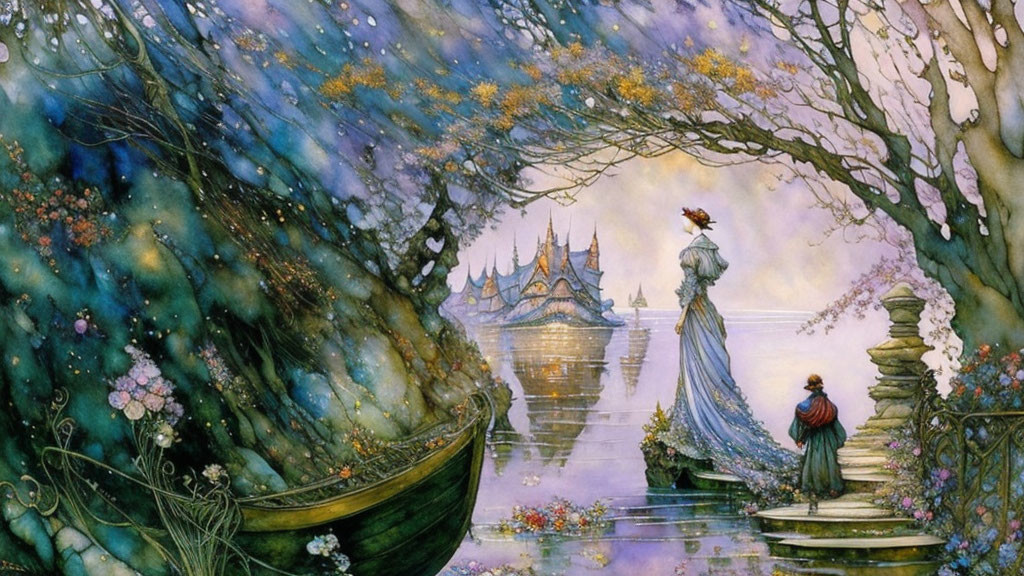 Enchanted forest artwork: Woman in flowing dress on bridge with towers and boat