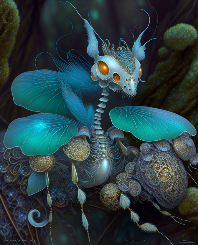 Fantastical creature with blue wings and gold details on mossy background