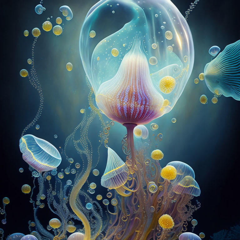 Vibrant Jellyfish in Dark Blue Scene