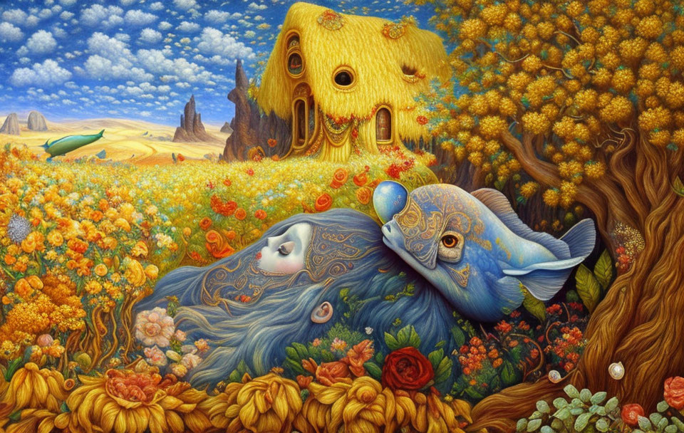 Surreal landscape with melting house and fish-like woman